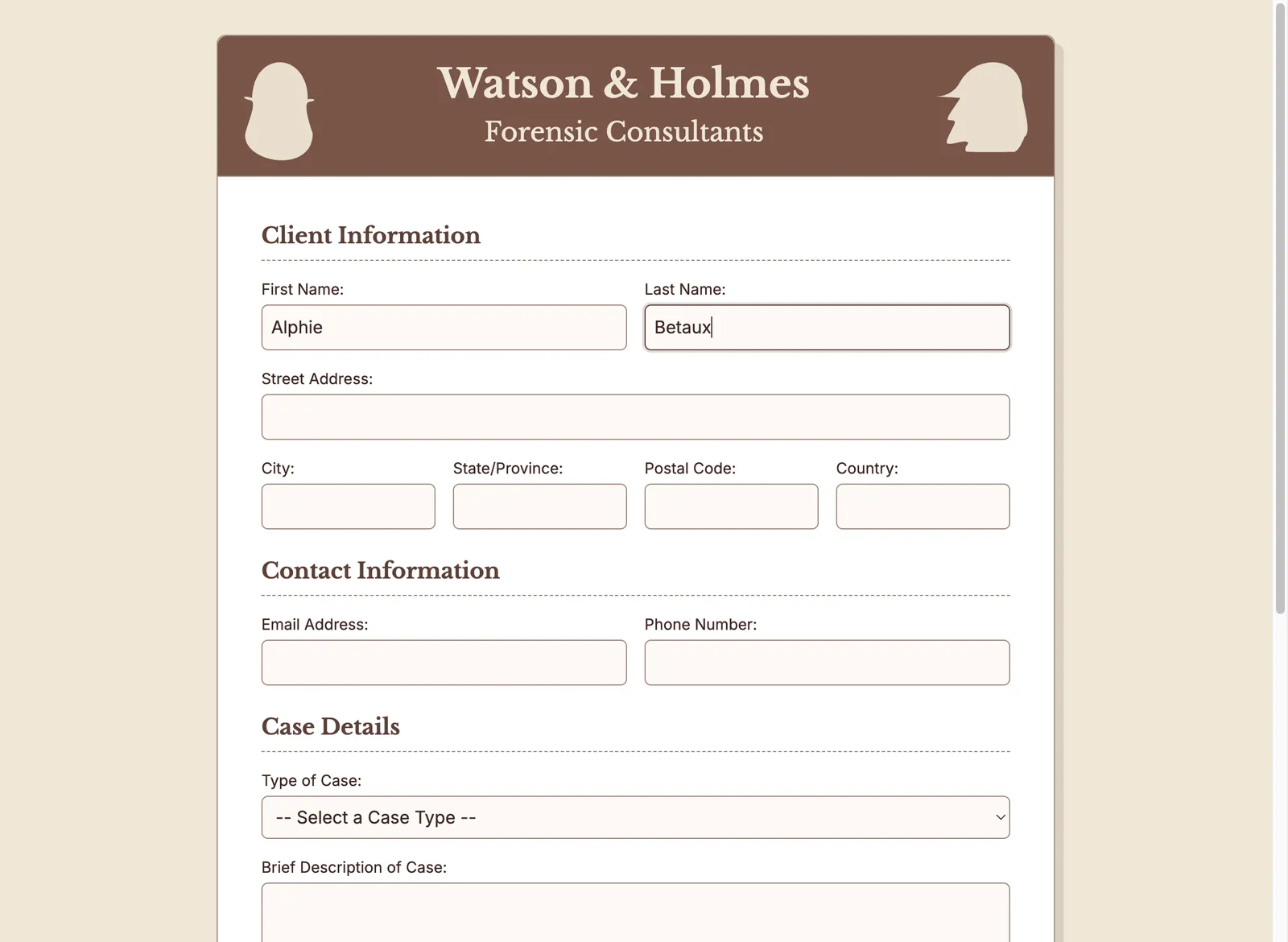 First and Last Names fields completed.